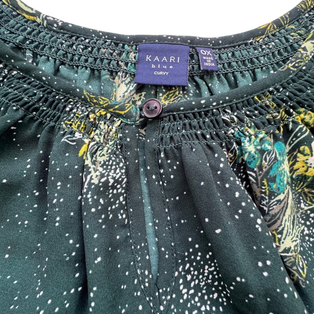 Kaari Blue Curvy Green Floral Blouse Womens 0X Smocked Neck Keyhole Long Sleeve - Picture 8 of 11